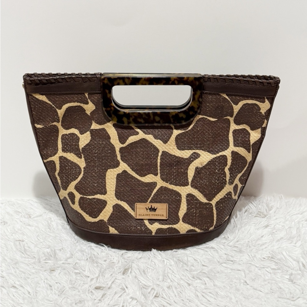 Elaine Turner Gabby Hand Bag Raffia Woven Giraffe Animal Print Tortoise Handle